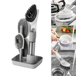 Cleaning Brushes Kitchen Brush Long Handle Dishwashing Removable Sponge Automatic Liquid Dispenser 3 In 1 Gadgets 231206