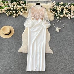 Casual Dresses Young Gee White Celebrity Party Maxi Dress Women Sexy Perspective Lace Flower Embroidery Splice Split Wrapped Pencil