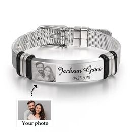 Bangle PolishedPlus Personalized Customize Bracelet Engraving Po Word Date Anniversary Gift Adjustable Bangle For Men Dad Jewelry 231206
