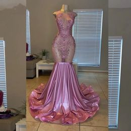 Diamond Mermaid Prom Dresses Sheer Neck Party Gowns Zipper Vestidos De Gala African Women Evening Dress