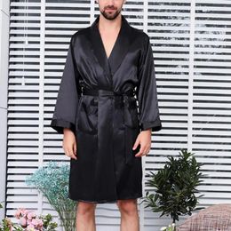 Mens Sleepwear Men Summer Imitation Silk With Pockets Waist Belt Bath Robe Home Gown