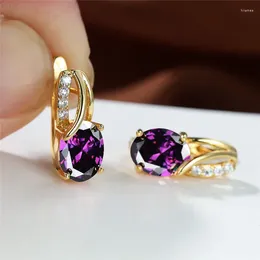 Hoop Earrings Charm Female Purple Zircon Luxury Crystal Oval Stone Yellow Gold Colour Wedding For Women