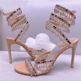 Sandals 2023 Summer Style Women's Ankle Wrap High Stiletto Heel Round Toe Sexy Catwalk Shows Colour Rhinestone