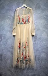 2024 Spring Floral Print Embroidery Panelled Tulle Dress Apricot Long Sleeve Round Neck Midi Casual Dresses T3N291509