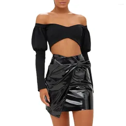 Skirts Fashion Sexy Vinyl PVC Leather Bodycon Bow High Waist Slim Fit Mini Sheath Dress Elegant Streetwear Female Short Clubwear