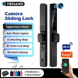 Smart Lock YRHAND Waterproof Outdoor Fingerprint TUYA WIFI APP RFID Peephole Smart Electronic Door Lock Aluminum/Glass Sliding 231206