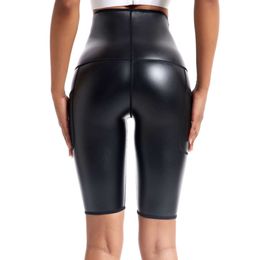 Sexy Hook High Leather Shapewear Slimming Leggings Women Body Shaper Waist Trainer Tummy Control Yoga Shorts With Pocket