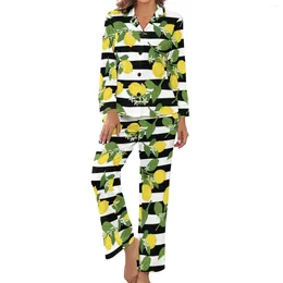 Women's Sleepwear Lemon And Leaf Pyjamas Black Striped Print Casual V Neck Nightwear Female Two Piece Graphic Long Sleeve Kawaii Pyjama Sets