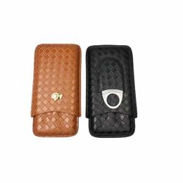Leather Cigar Case with Cutter Holder Mini Travel Humdor 3 Tubes Tobacco Box Exellent Men's Gift Smoking Accessory