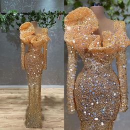 Plus Size Gold Prom Dresses Glitter Illusion Long Sleeve Sequined Arabic Party Evening Dress Gowns Vestidos de gala