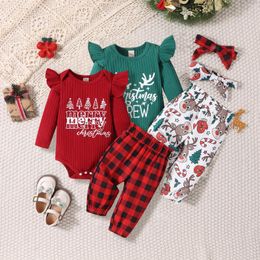 Clothing Sets Children's Jumpsuit Christmas Dress Girls Bodysuits Plaid Pants Headscarf Three-piece Set Baby Girl Outfit Baby's