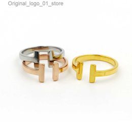 Band Rings New arrive 316L Stainless Steel fashion double T ring Jewellery for woman man lover rings 18K Gold-color rose Jewellery Bijoux no have any letter Q231207