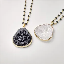 Pendant Necklaces Pendant Necklaces FUWO 1Pcs Cute Synthetic Quartz Maitreya Necklace Golden Plated Glass Buddha With Black Beads Winding Chain Faith Jewelry