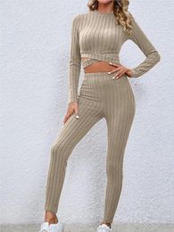 Women's Two Piece Pants Casual Slim Fitting Sports Suit Autumn Winter Fashion Solid Long Sleeve Short Top And Trousers Skinny Sets