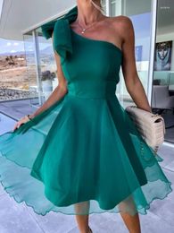 Casual Dresses Women Party Green One Shoulder A Line Pleated Mesh Big Bow High Waist Evening Date Out Occasion Prom Female 2023 Summer