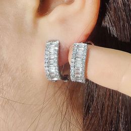 Korean Ins White Gold Plated Square Clip on Earrings Bling Cubic Zirconia Geometric Drop for Girls