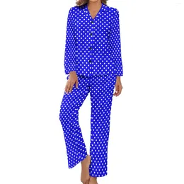 Women's Sleepwear Classic Polka Dots Pyjamas Daily 2 Pieces Blue And White Romantic Set Lady Long-Sleeve V Neck Casual Graphic Nightwear