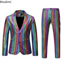 Mens Tracksuits Stage Prom Suits Sets Gold Silver Rainbow Plaid Sequin Jacket and Pants Dinner Clothes Clothing for Men 231206