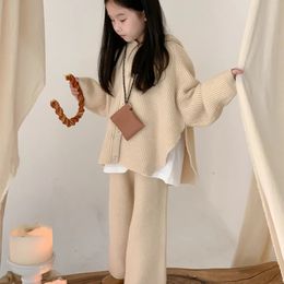 Clothing Sets Winter girls clothes sets solid color knit hooded sweater cardigan Flared pants 2Pcs Kids girl thicken warm suit 231207