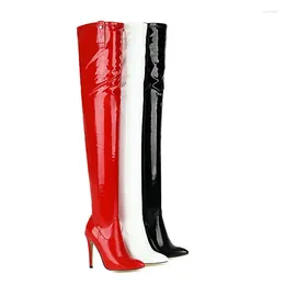 Boots 2023 Thigh Ladies Slip On Sexy Belt Buckle Stilettos Female Patent Leather Pointed Zipper Personality Knight