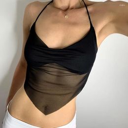 Women's Tanks Sexy Transparent Mesh Halter Tops Women V-neck Backless Korean Solid Crop Fashion 90s Tee