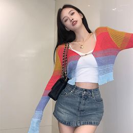 Women's Knits V-neck Brand INS Crop Knitted Tops Women Autumn Sexy Long Sleeve Stretchy Striped Cardigans Female Streetwear