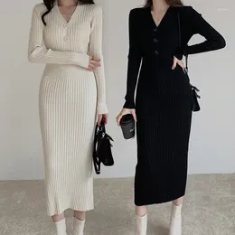 Casual Dresses Woman's Knitted Sweater Dress Sexy Tight V-neck Long Sleeve Wrapped Hip Bodycon Slim Autumn Winter Vestido