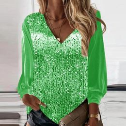 Women's Blouses Fall Blouse Sequin V Neck Long Sleeve For Women Breathable Mid Length Pullover With Patchwork Design Stylish