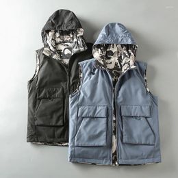 Men's Jackets Winter Double Side Wearable Outdoor Windproof Waistcoat Hooded Casual Warm Multi Pockets Youth Loose Cozy Sleeveless Tops