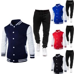 Men's Tracksuits Color-Block Baseball Uniform Trouser Set Long Sleeve Pants Two-Piece