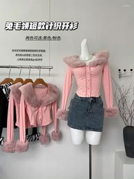 Women's T Shirts Women Faux Fur Patchwork Pink Cardigan Knit Sweater Y2k 90s Aesthetic Harajuku Vintage Long Sleeve 2000s Clothes