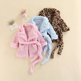 Pyjamas Children Kids Flannel Bathrobe Solid Colour Leopard Print Pocket Robe with Belt for Toddler Girls Boys Winter Clothing 231207
