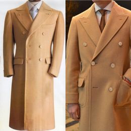 Gold Wool Blend Herringbone Coat Men Long Overcoat Business Double Breasted New