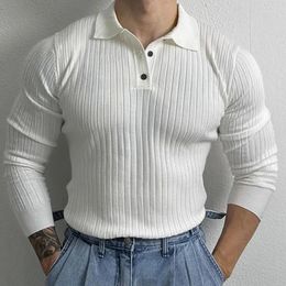 Men's Casual Shirts 2023 Autumn Fashion Knit Polo Shirt Mens Slim Fit Long Sleeve Ribbed Knitted Tops For Men Stylish Collar