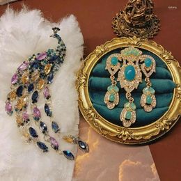 Brooches Peacock Phoenix Crown Tassel Brooch Colorful Blue Gemstone Rhinestone Elegant Pin