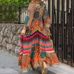 Casual Dresses Stitching Design Skin-touching Lantern Sleeve Retro Ethnic Print Large Hem Beach Long Dress Maxi Female Clothing