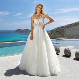 Jewel Off-Shoulder Wedding Gown For Bride Hollow Covered Button Tulle Applique Sleeveless Customised