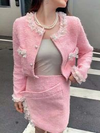 Two Piece Dress French Fashion Clothing 2023 In Matching Sets Elegant Beading Tweed Jacket and Skirts for Women Outfits 231207