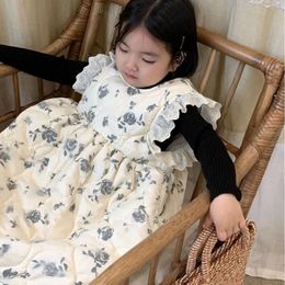 Girl Dresses Winter Baby Girls Lace Sleeveless Dress Kids Thicken Warm Floral Print One Piece Children's Cute Princess Padded Clothes