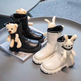 Boots 2023 Autumn and Winter Kids Shoes for Girl Cute Cartoon 3D Bear Rabbit Doll Toddler Fashion Princess Leather 231207