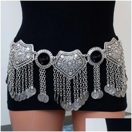 Belly Chains Bohemian National Style With Coin Pendant Waist Chain Black Rhinestone Hollow Dance Accessories Body Jewellery Drop Deliver Dhjg0