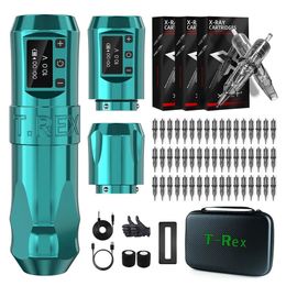 Tattoo Guns Kits T-Rex Wireless Tattoo Machine Kit Rotaty Battery Pen With Portable Power Pack 2400mAh Cartridge Needles RL RM Tattoo Supplies 231207