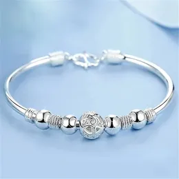 Charm Bracelets S925 Silver Plated Hollow Round Bead Bracelet&Bangle For Women Elegant Party Jewellery Gift Sl096