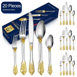 Cookware Sets Stainless Steel Tableware el Gold Plated Retro Relief 20 Piece Gift Box Knife Fork Spoon Set cutlery set spoon 231206