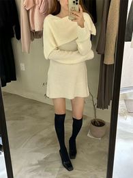 Winter Slender Asymmetric Lapel Off Shoulder Sweater Knitted Dress