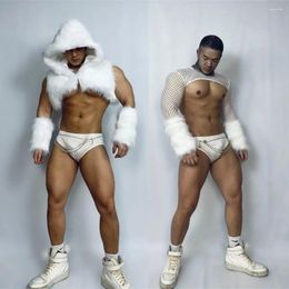 Stage Wear Nightclub Party Male Women Gogo Costume White Mesh Faux Fur Tops Shorts Outfit Sexy DJ Pole Dance Team Performance