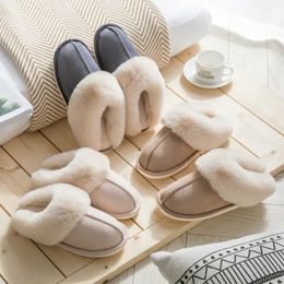 Home Fur Warm Winter Women Faux Suede Plush Couple Cotton Shoes Indoor Bedroom Flat Heels Fluffy Slippers 8574