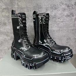 Balencigaa Tank Genuine Platform Punk Fashion Leather Boots Designer Motorcycle Personalised Graffiti Customised Botas