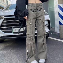 Women's Jeans Korean Dongdaemun 2023 Y2k With Belt Vintage Gothic Cargo Pants Streetwear Letter Design Hip Hop Straight Wide Leg