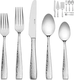 Dinnerware Sets Hammered 18/10 Stainless Steel Silverware Cutlery Set With Serving And Cake Knife Flatware Service For 12 Gold Utensil Wood